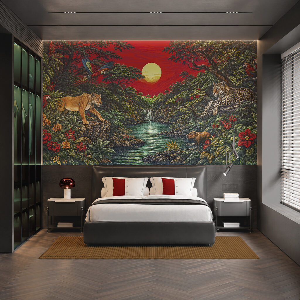 Pintura de um rio com uma cascata e um tigre Pintura de um rio com uma cascata e um tigre
