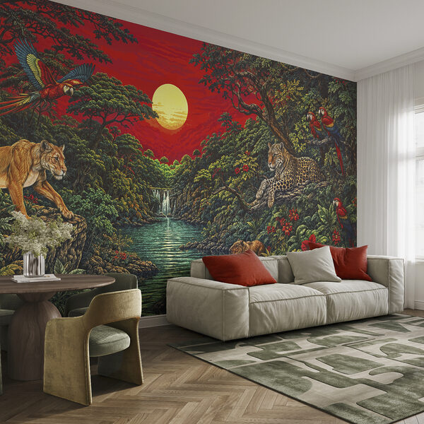 Pintura de um rio com uma cascata e um tigre Pintura de um rio com uma cascata e um tigre