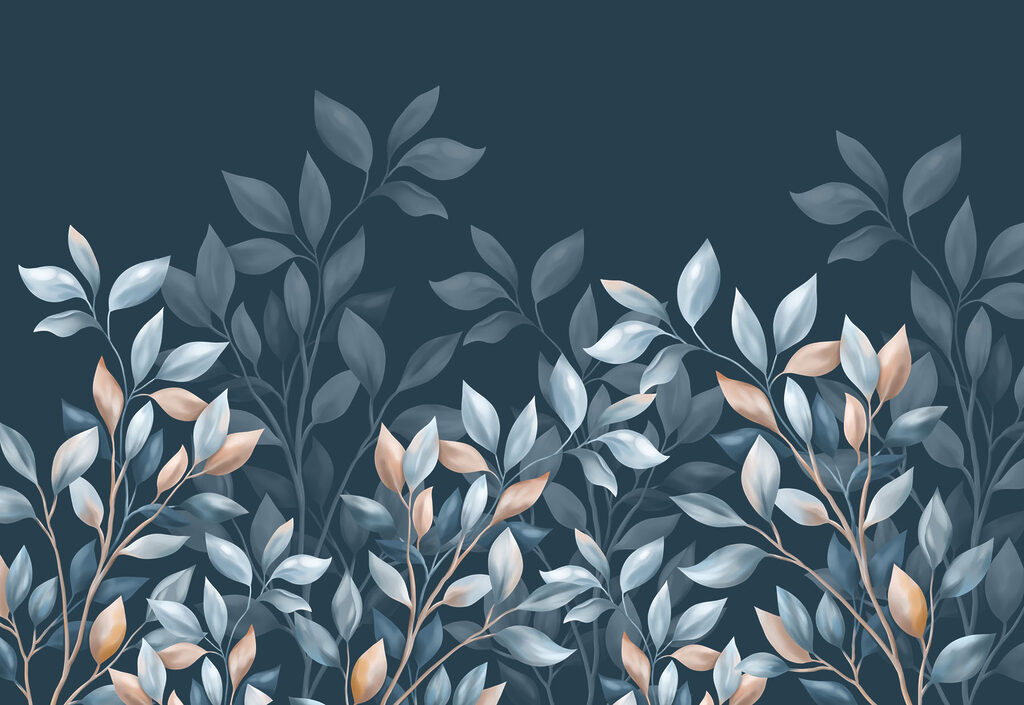Blue and white leaves on a blue background