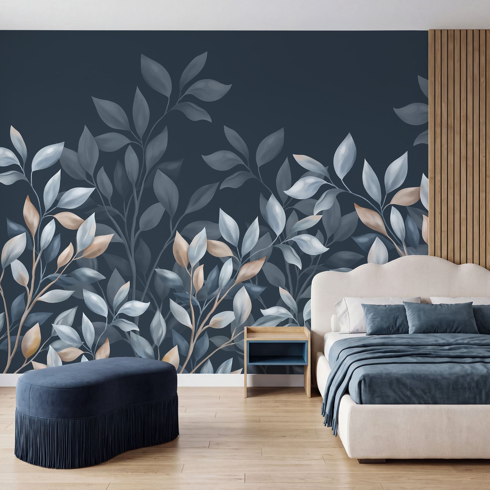 Folhas azuis e brancas sobre um fundo azul