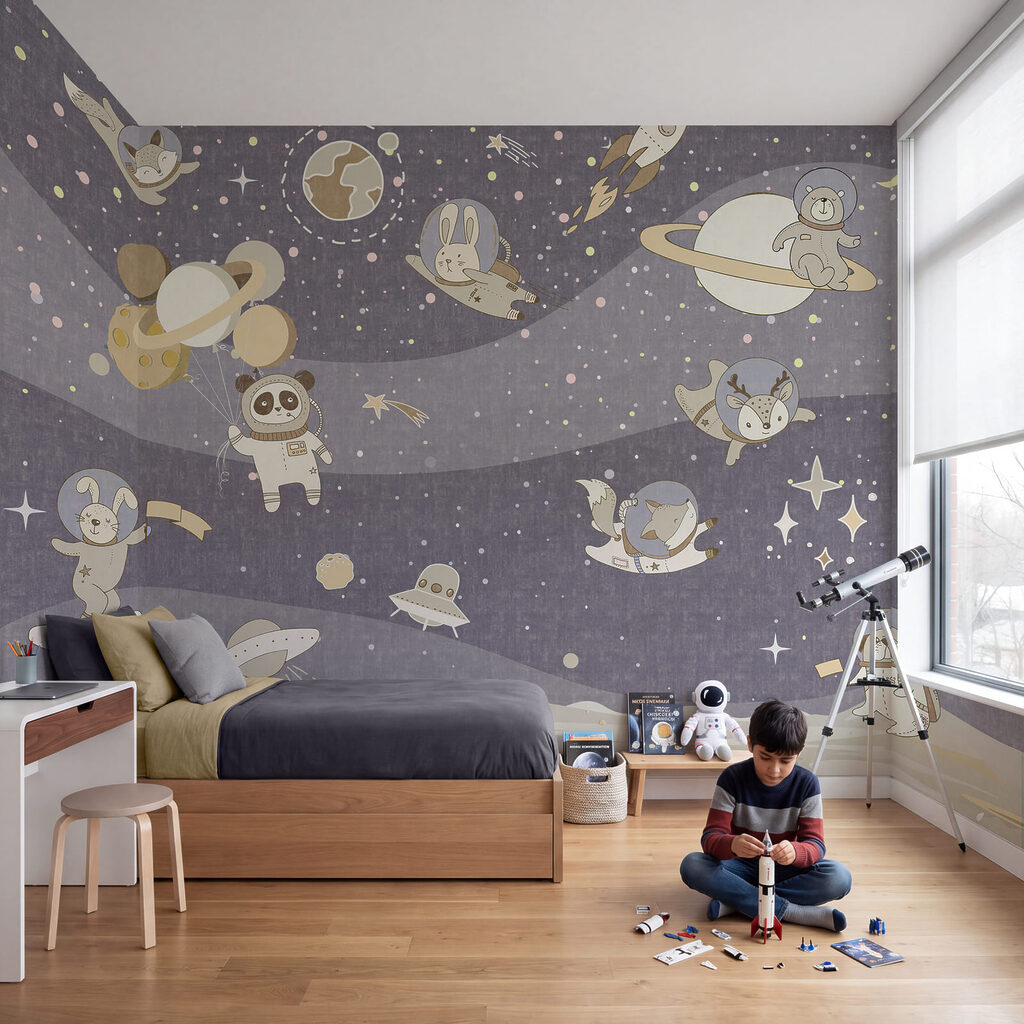Cena espacial em estilo de desenho animado com planetas e estrelas