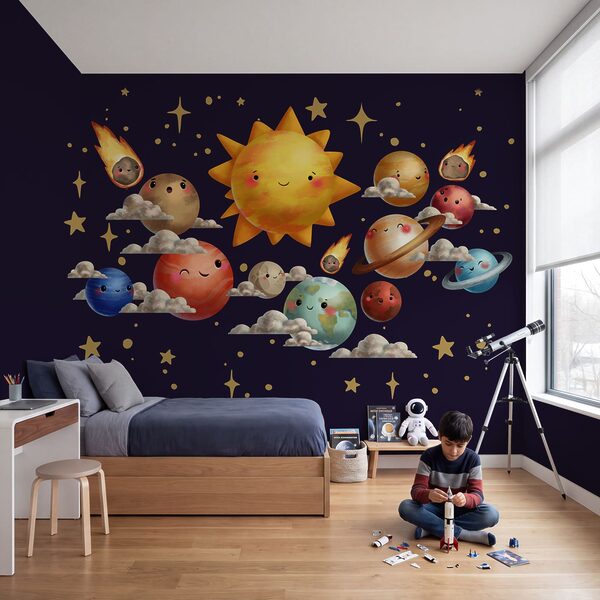 Papel de parede Papel de parede Planetas e sol em estilo de desenho animado (REF: t01011)