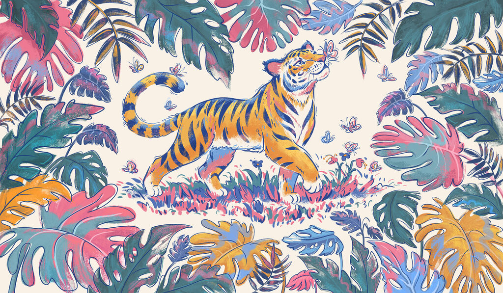 Papel de parede Tigre com borboletas na boca (REF: t01032)