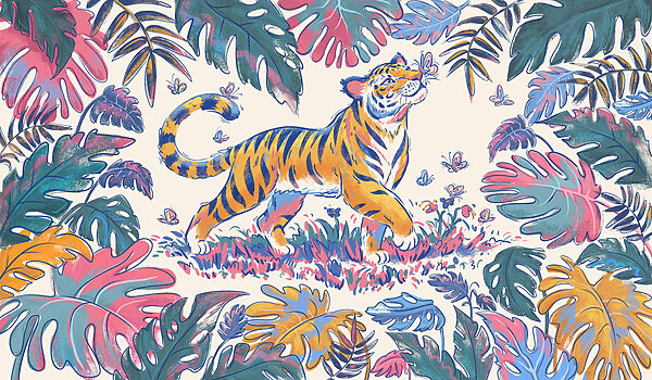 Papel de parede Tigre com borboletas na boca (REF: t01032)