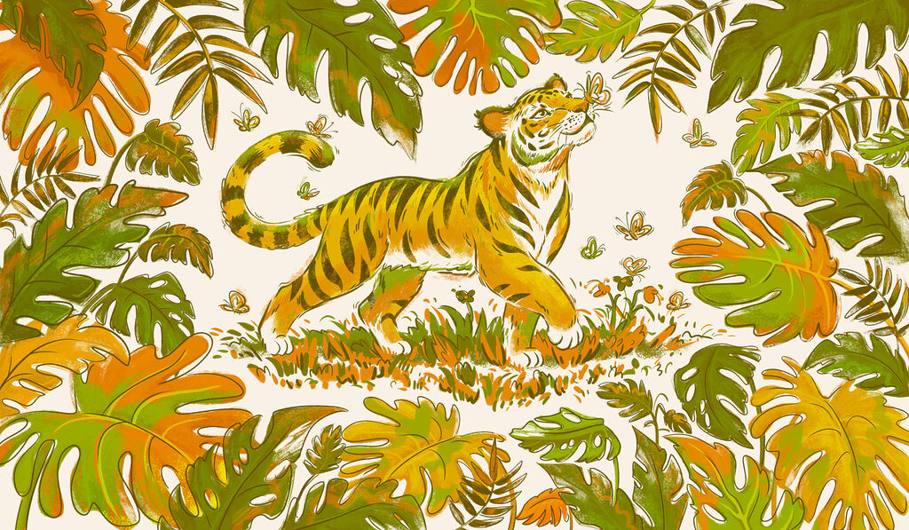 Papel de parede Tigre com borboletas na boca (REF: t01032v1)
