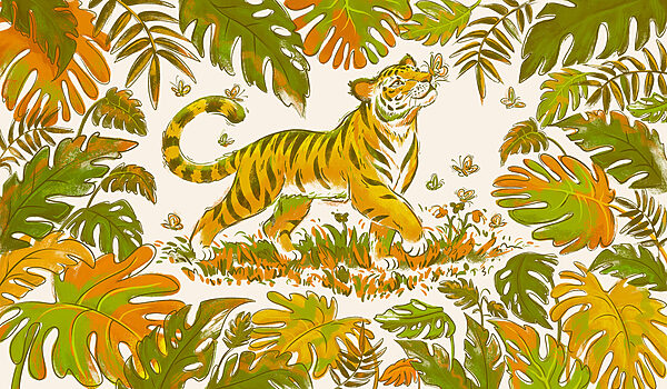 Papel de parede Tigre com borboletas na boca (REF: t01032v1)