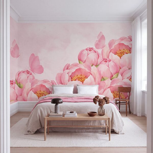 Papel de parede Flores cor-de-rosa com uma borboleta (REF: t01101) Papel de parede Flores cor-de-rosa com uma borboleta (REF: t01101)
