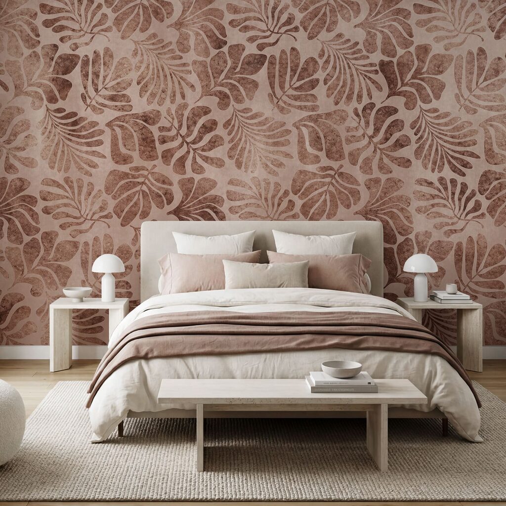 Papel de parede Padrão de folhas sobre uma superfície cor-de-rosa (REF: t01111v3)