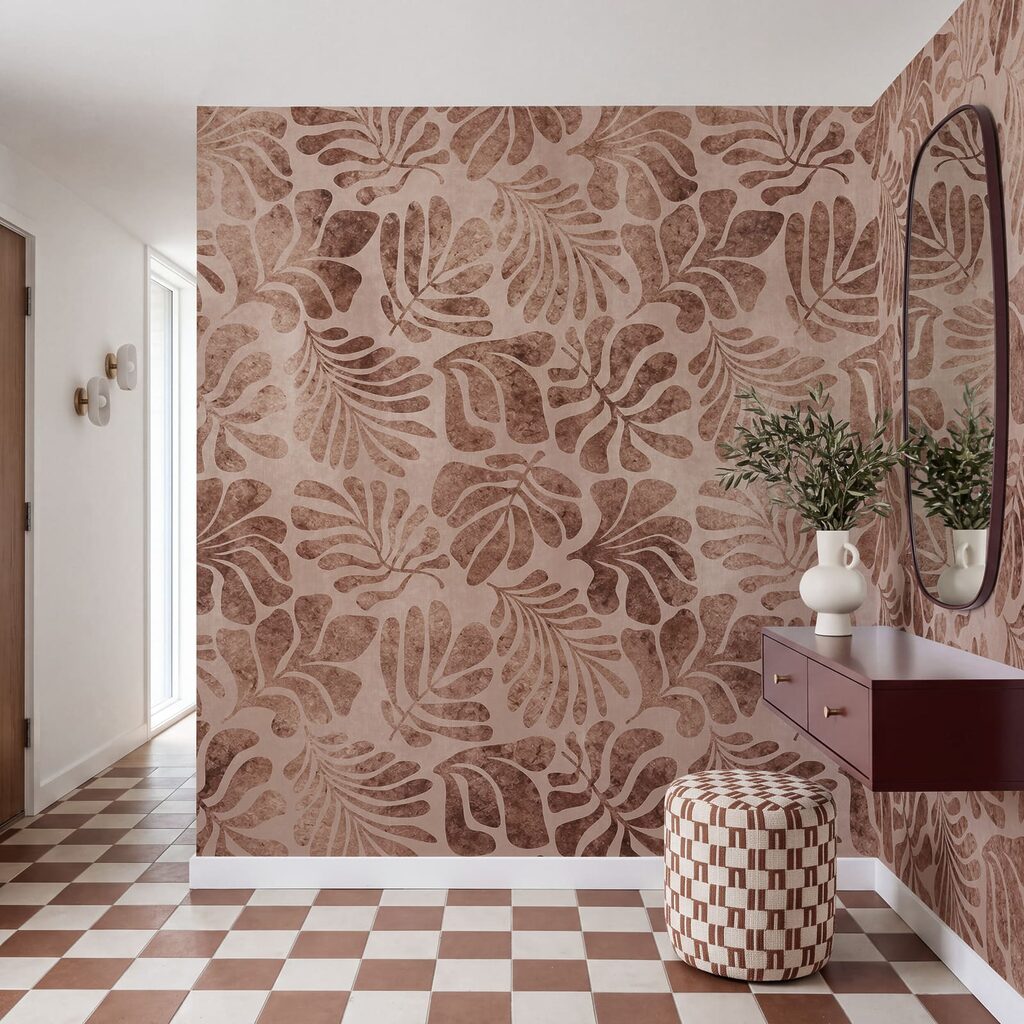 Papel de parede Padrão de folhas sobre uma superfície cor-de-rosa (REF: t01111v3)