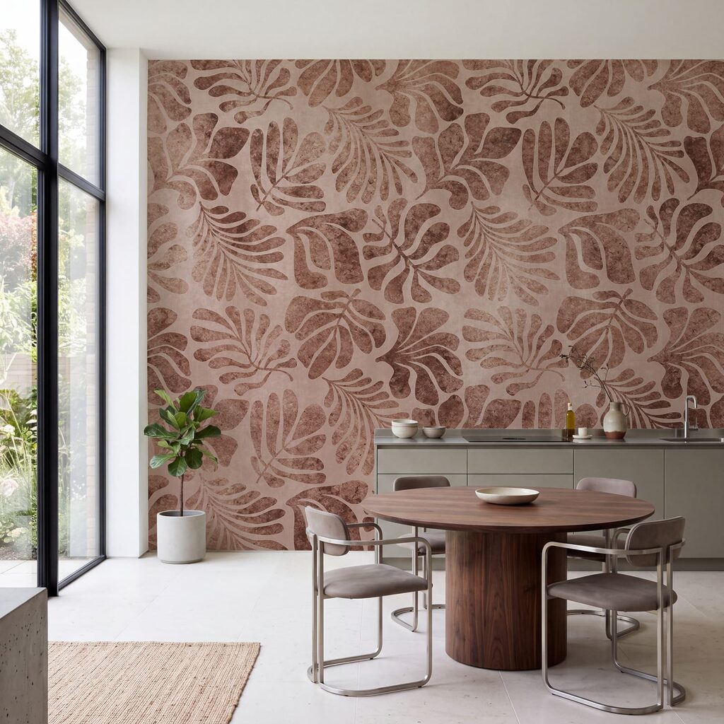 Papel de parede Padrão de folhas sobre uma superfície cor-de-rosa (REF: t01111v3)