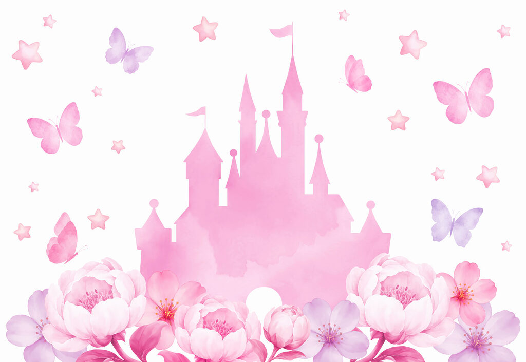 Papel de parede Castelo cor-de-rosa com borboletas e flores (REF: t01113) Papel de parede Castelo cor-de-rosa com borboletas e flores (REF: t01113)