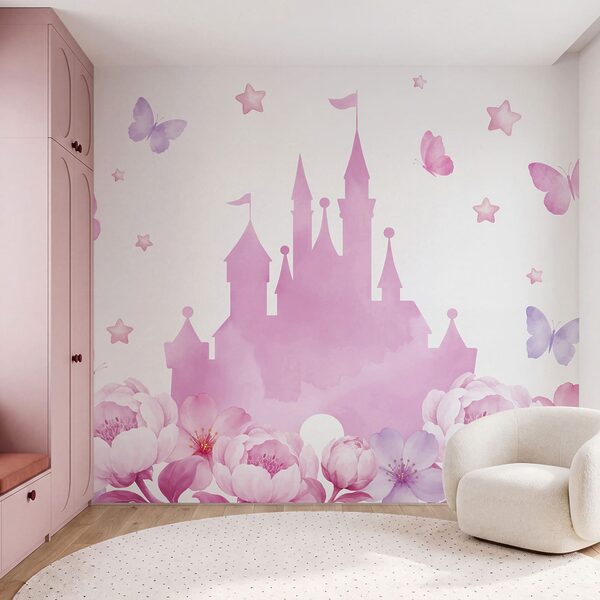 Papel de parede Castelo cor-de-rosa com borboletas e flores (REF: t01113) Papel de parede Castelo cor-de-rosa com borboletas e flores (REF: t01113)