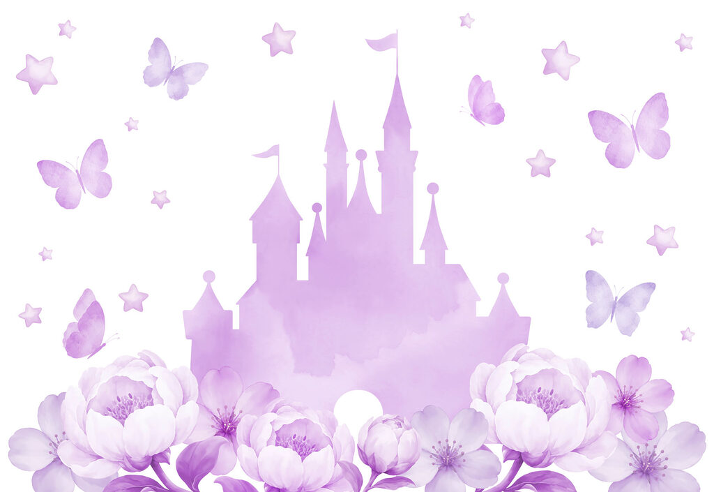 Papel de parede Castelo roxo com flores e borboletas (REF: t01113v2)