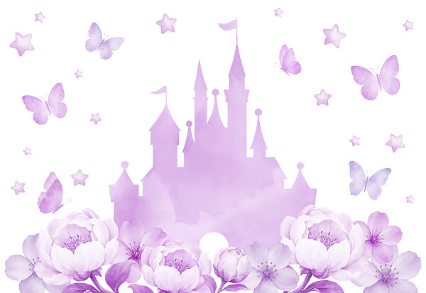 Papel de parede Castelo roxo com flores e borboletas (REF: t01113v2)