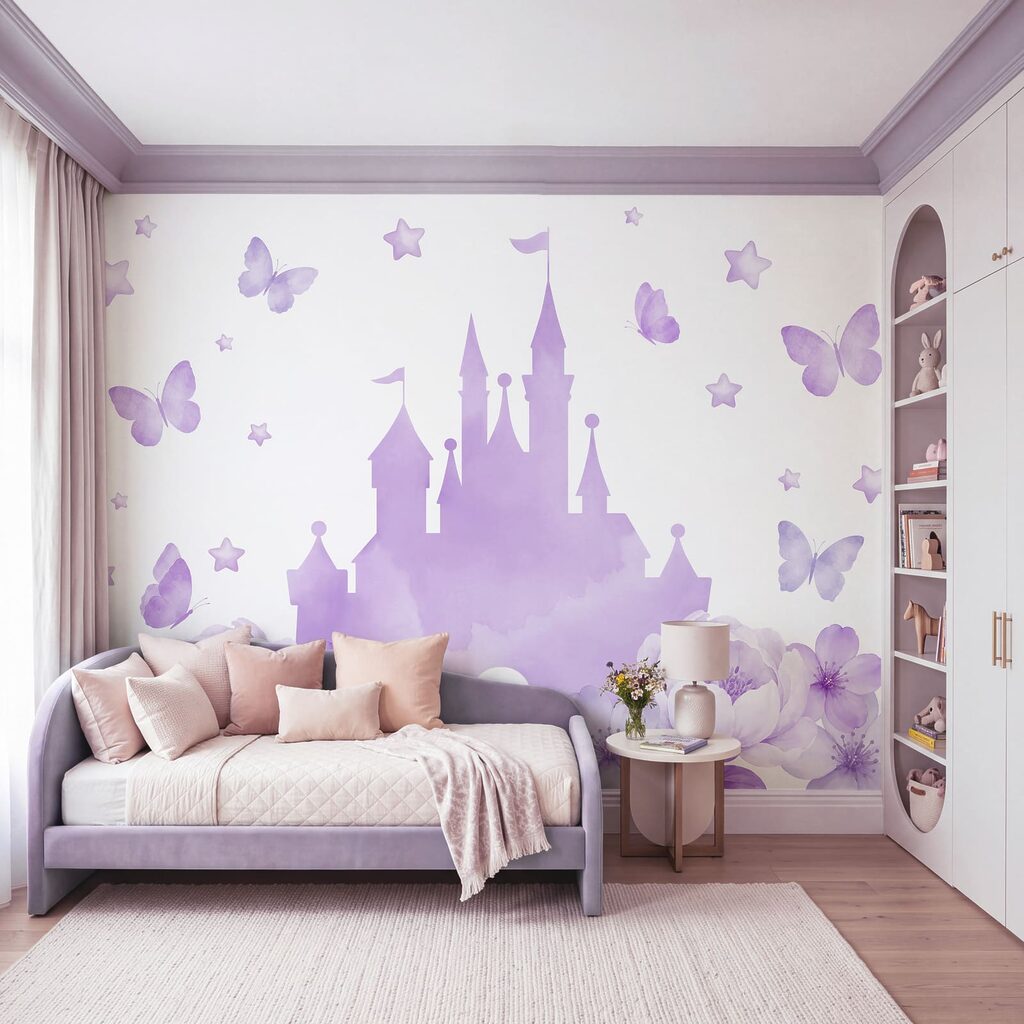 Papel de parede Castelo roxo com flores e borboletas (REF: t01113v2)