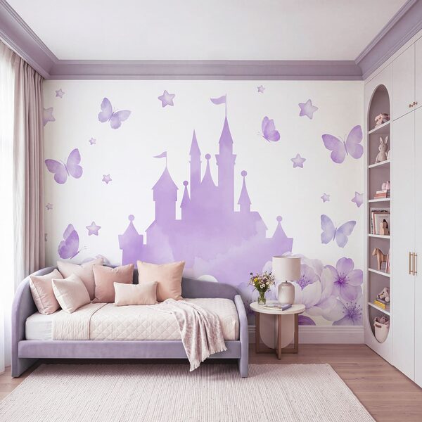 Papel de parede Castelo roxo com flores e borboletas (REF: t01113v2)