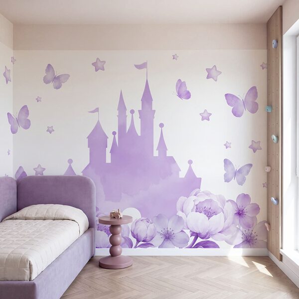 Papel de parede Castelo roxo com flores e borboletas (REF: t01113v2)