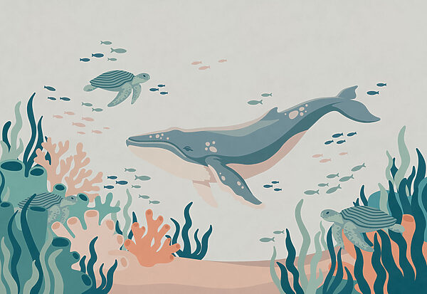 Papel de parede Baleia e tartaruga a nadar no oceano (REF: t01074) Papel de parede Baleia e tartaruga a nadar no oceano (REF: t01074)