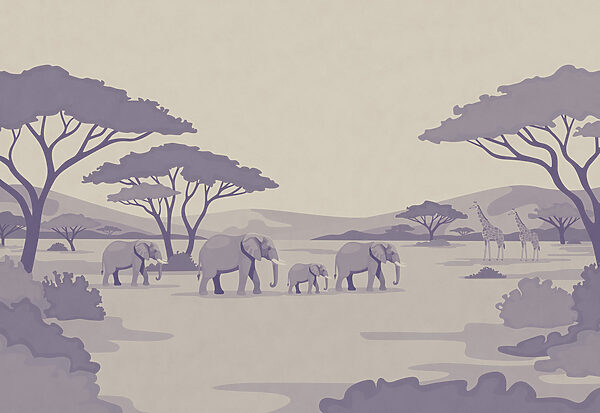 Papel de parede Grupo de elefantes e girafas num campo (REF: t01076v2)