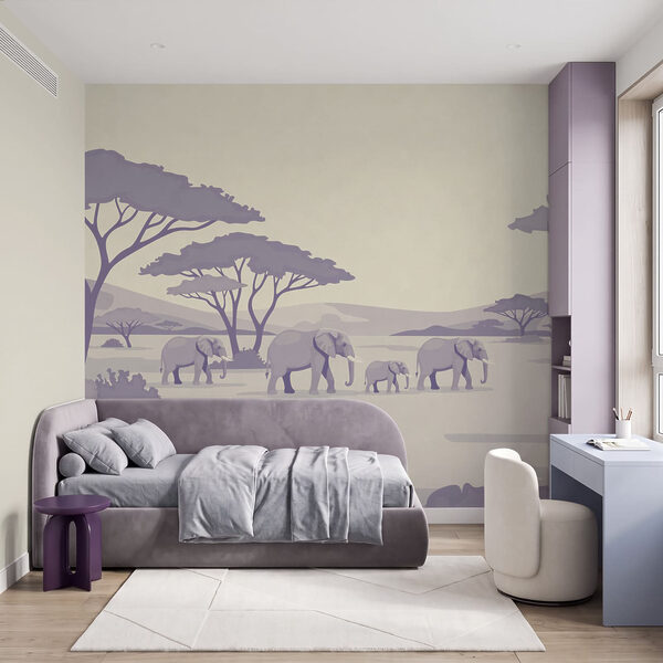 Papel de parede Grupo de elefantes e girafas num campo (REF: t01076v2)