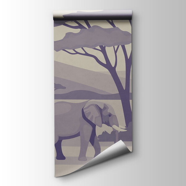 Papel de parede Grupo de elefantes e girafas num campo (REF: t01076v2)