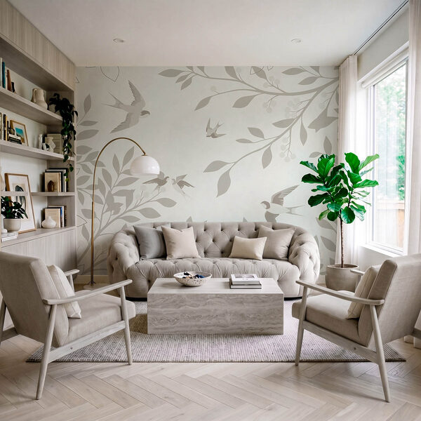 Papel de parede Fundo branco com pássaros e folhas (REF: t01090)