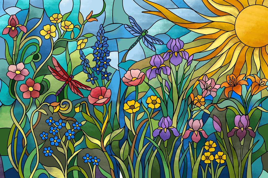 Papel de parede Vitral com flores e libélulas (REF: t01120)