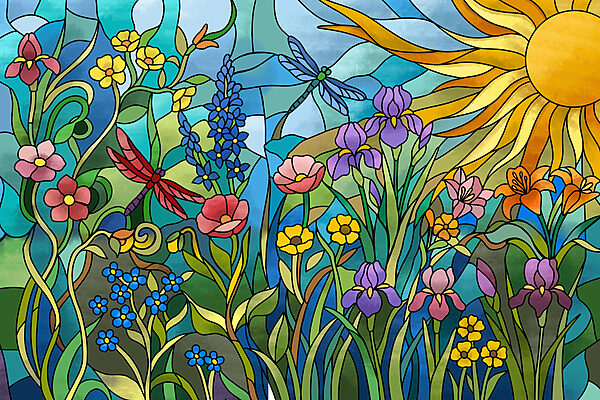 Papel de parede Vitral com flores e libélulas (REF: t01120)