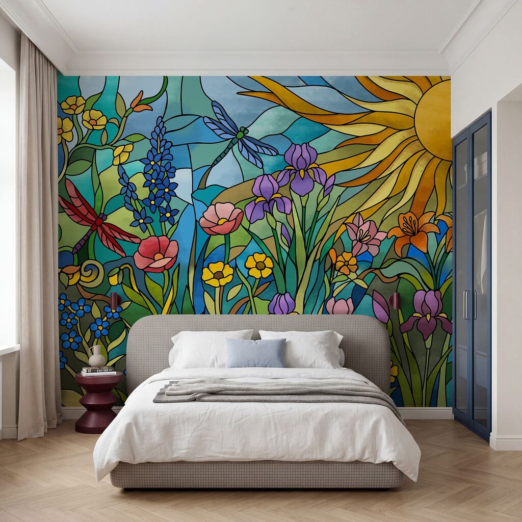 Papel de parede Vitral com flores e libélulas (REF: t01120)
