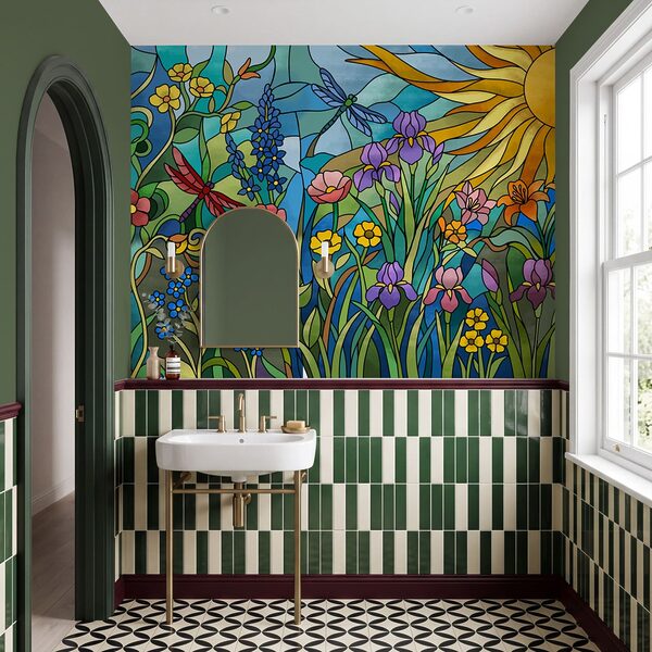 Papel de parede Vitral com flores e libélulas (REF: t01120)