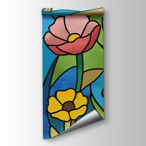Papel de parede Vitral com flores e libélulas (REF: t01120)