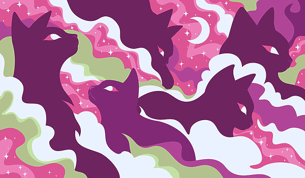 Papel de parede Gato roxo com nuvens e estrelas brancas e verdes (REF: t01136v1)