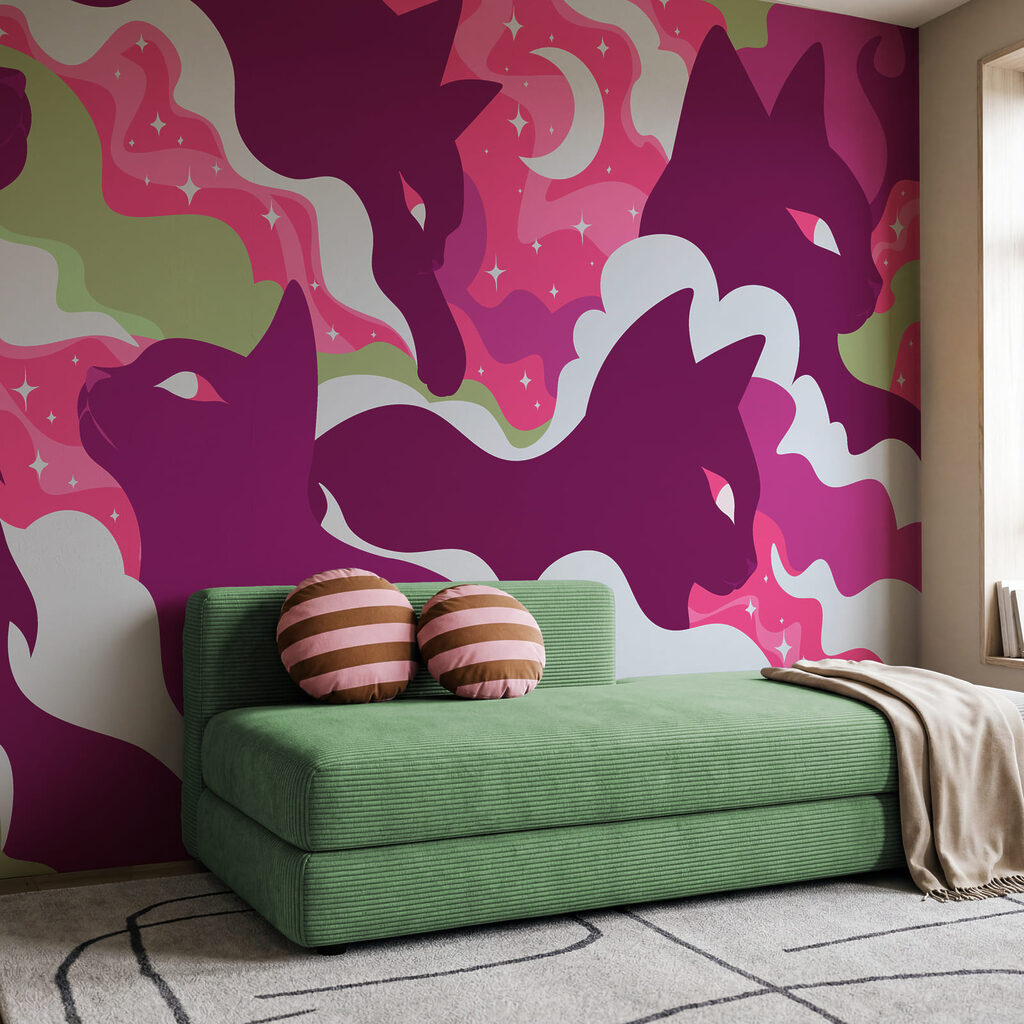 Papel de parede Gato roxo com nuvens e estrelas brancas e verdes (REF: t01136v1)