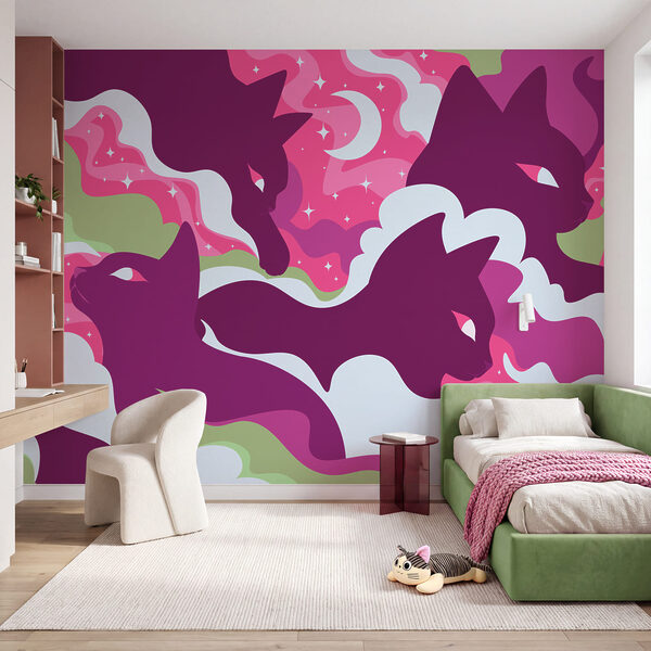 Papel de parede Gato roxo com nuvens e estrelas brancas e verdes (REF: t01136v1)
