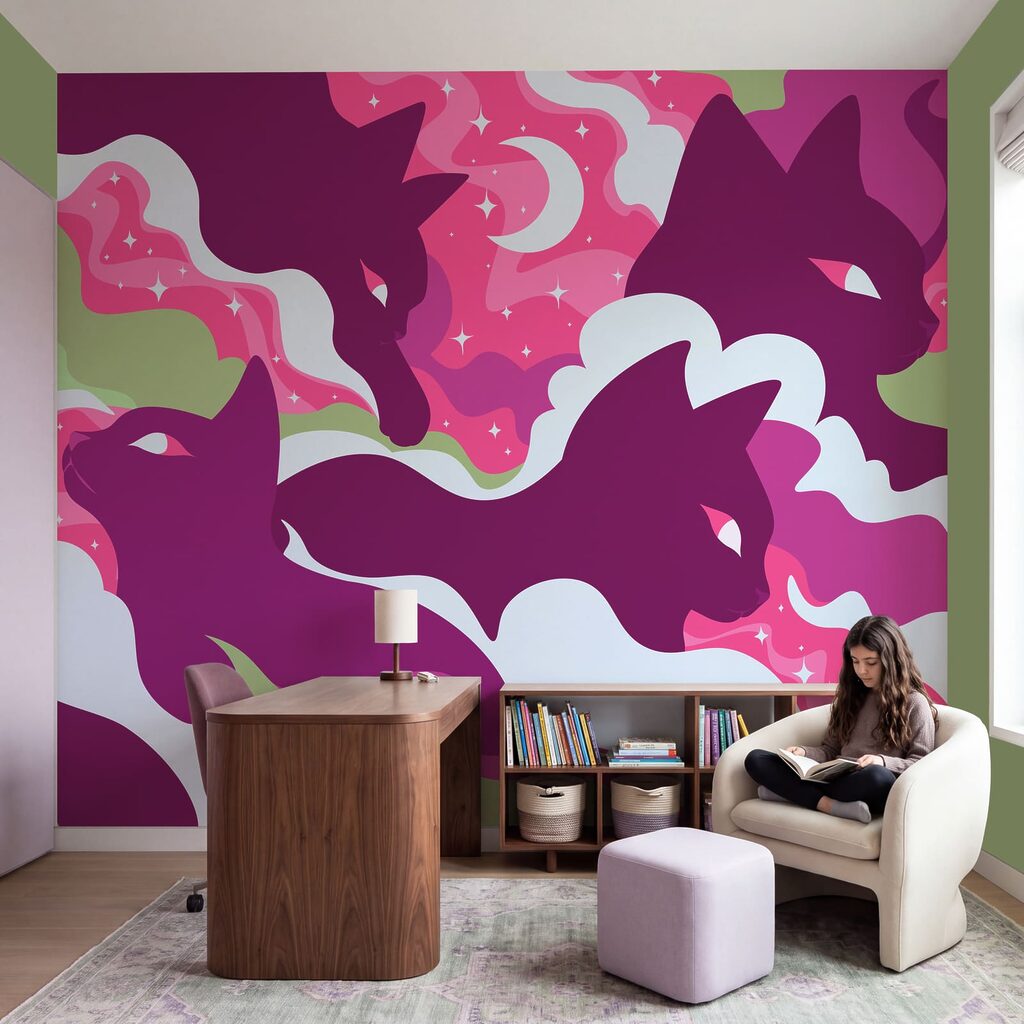 Papel de parede Gato roxo com nuvens e estrelas brancas e verdes (REF: t01136v1)