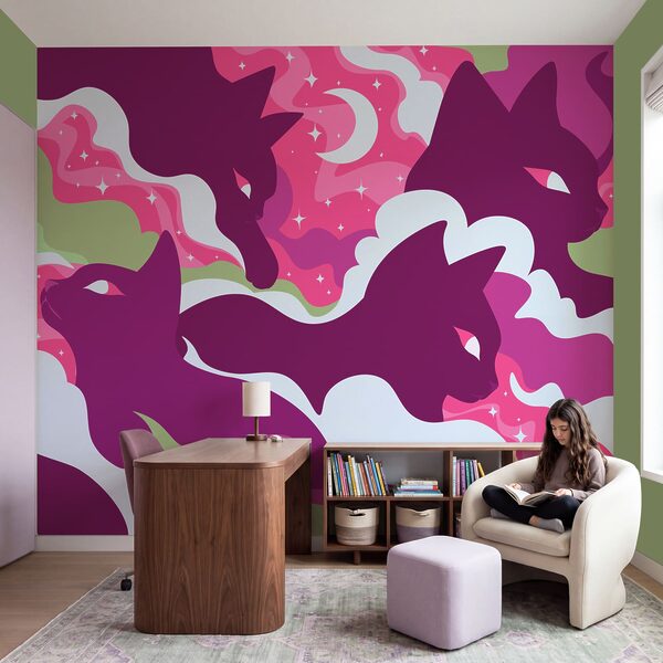 Papel de parede Gato roxo com nuvens e estrelas brancas e verdes (REF: t01136v1)