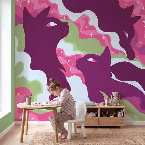 Papel de parede Gato roxo com nuvens e estrelas brancas e verdes (REF: t01136v1)