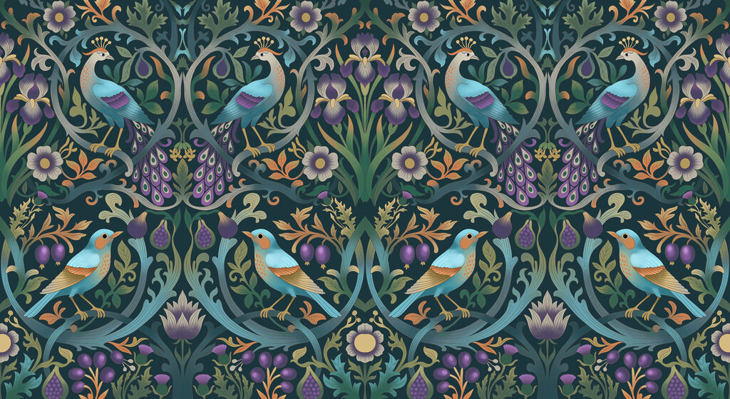 Papel de parede Padrão floral colorido com pássaros e flores (REF: t01166) Papel de parede Padrão floral colorido com pássaros e flores (REF: t01166)