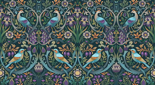 Papel de parede Padrão floral colorido com pássaros e flores (REF: t01166) Papel de parede Padrão floral colorido com pássaros e flores (REF: t01166)