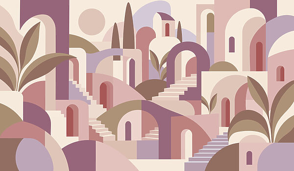 Papel de parede Paisagem colorida com escadas e árvores (REF: t01143v1) Papel de parede Paisagem colorida com escadas e árvores (REF: t01143v1)